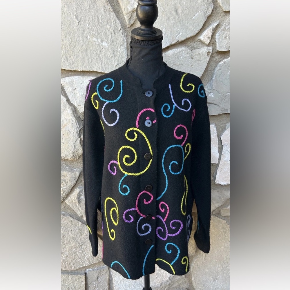 Coldwater Creek‎ 100% Wool Cardigan Small Black Embroidered Excellent